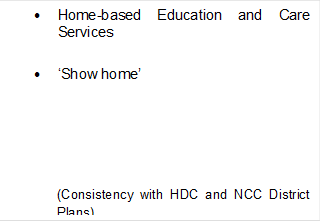 •	Home-based Education and Care Services

•	‘Show home’





(Consistency with HDC and NCC District Plans)
